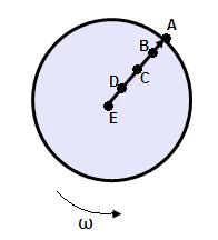 5. A solid disk with a radius R rotates at a constant rate ω. Which of the following points has the greater linear velocity? A. A B. B C. C D. D E. All points have the same linear velicity 6.