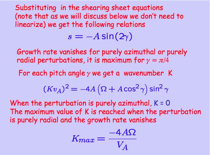 Subs,tu,ng in the shearing sheet equa,ons (note that as we will discuss below we don t need to linearize) we get the following rela,ons Growth rate vanishes for purely azimuthal or purely radial
