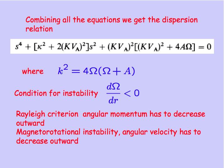 Combining all the equations we get the dispersion relation where Condition for instability Rayleigh criterion