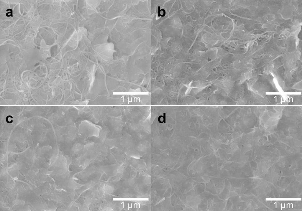 Figure S10. SEM images of LbL-assembled (MoS2/MWNT)14 film electrode under different annealing conditions. (a) no treatment, (b) 100 C, (c) 200 C, and (d) 300 C for 1 h under Ar. 4. References S1.