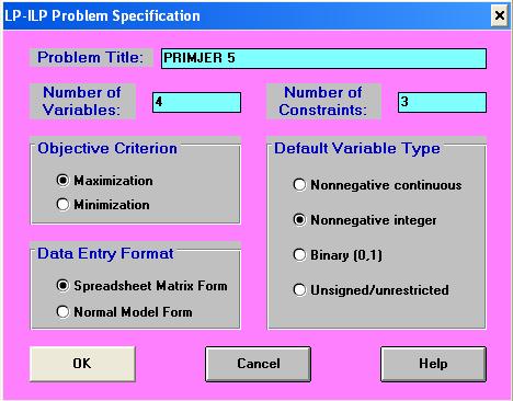 Klikom na OK dobiva se tablica za unos koeficijenata u matematičkom modelu (sličnu onoj sa Slike 2.). U tablicu je potrebno unijeti koeficijente uz varijable u funkciji cilja i uvjetima.