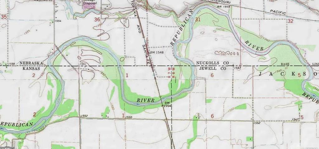 4 3 2 1 Topographic map of the Republican River at Superior, Nebraska. Along the South boundary of Sec. 32, T1N, [R6W]. West on a true line. Va. 11 55 E. 35.