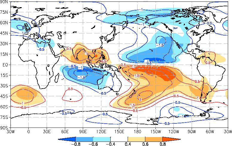ENSO and low-level circulation (OND) When El Niño (La Niña) events appear in OND, a pair of anticyclonic (cyclonic) circulation anomalies tends to be seen over the Indian Ocean.