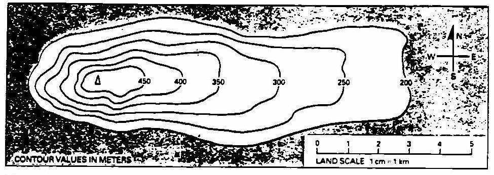 9. By compass direction a) the side of this landform has the steepest slope. b) the side of this landform has the gentlest slope. 10. The contour interval of this map is meters. 11.