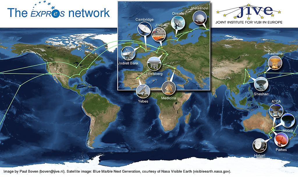 Figure 1: The network of telescopes participating in the Global e-vlbi observations of PMN J0948+0022 (courtesy of Paul Boven).