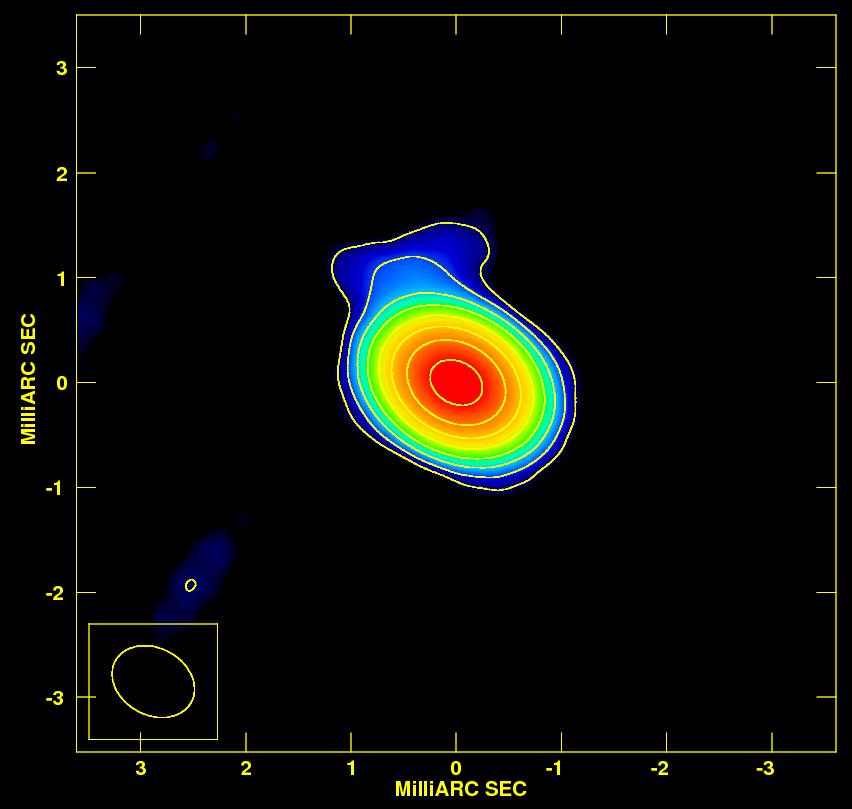Figure 3: e-vlbi images of PMN J0948+0022 on 2009 June 10. Left: total intensity (lowest contour traced at 1.5 mjy beam 1 ).
