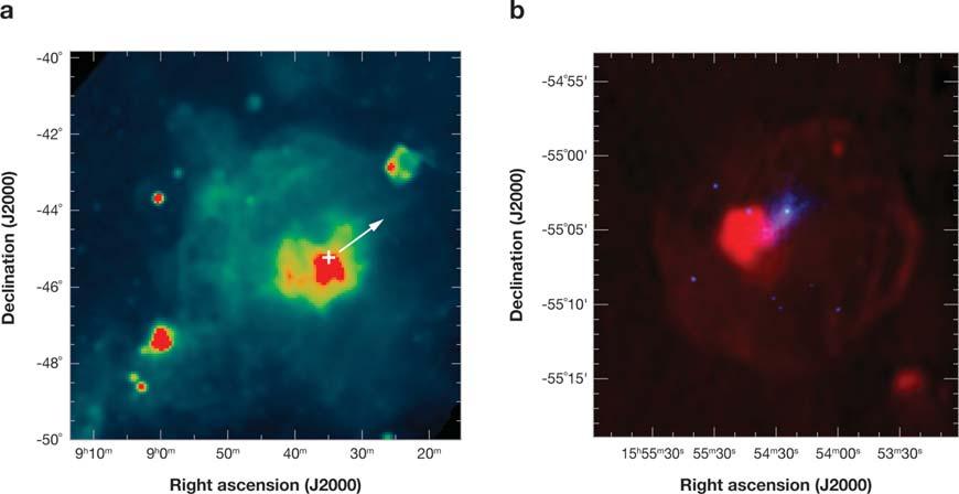 Figure 3 (a) A 2.4-GHz Parkes map of the Vela supernova remnant (SNR) (G263.9 3.3) (Duncan et al., 1996). A limb-brightened shell and a central radio pulsar wind nebula (PWN) can both be seen.