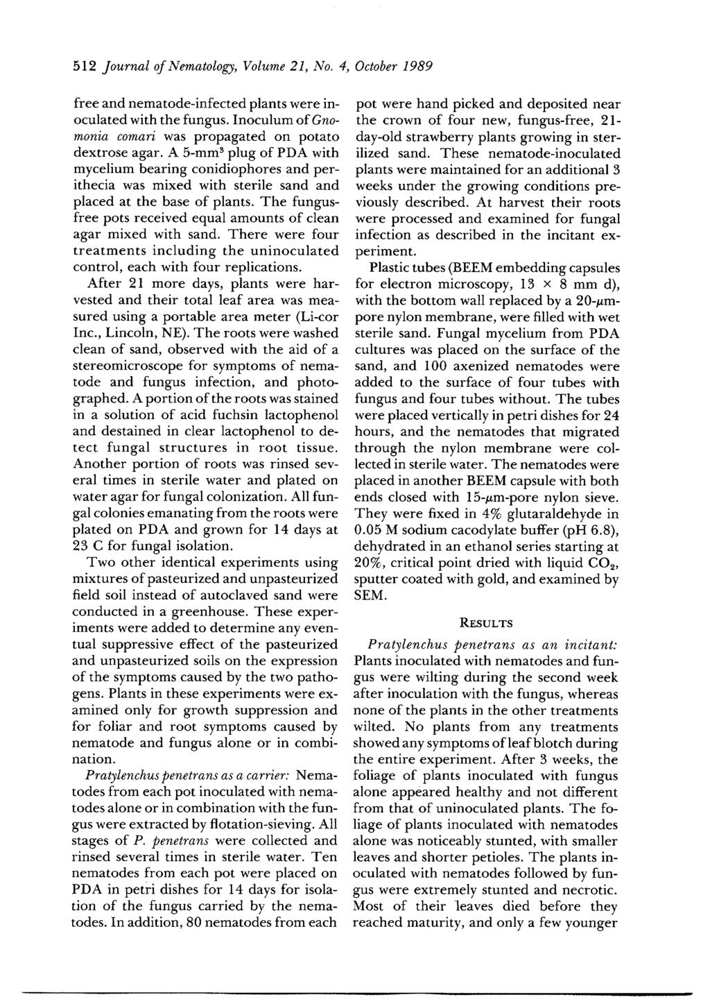 512 Journal of Nematology, Volume 21, No. 4, October 1989 free and nematode-infected plants were inoculated with the fungus. Inoculum of Gnomonia comari was propagated on potato dextrose agar.