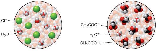 Comparing Strong and Weak Acids 6 Strong Acids (Memorize) A strong acid, HCl, is completely dissociated into H 3 O + (aq) and Cl (aq). A weak acid, CH 3 COOH, contains mostly undissociated acid.