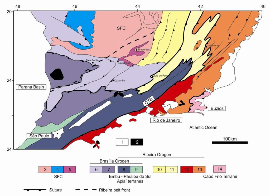 Tectonic map of the transition zone between the southern Brasília Belt and the central Ribeira Belt: 1- Phanerozoic sedimentary basins; 2- K-T alkaline rocks.