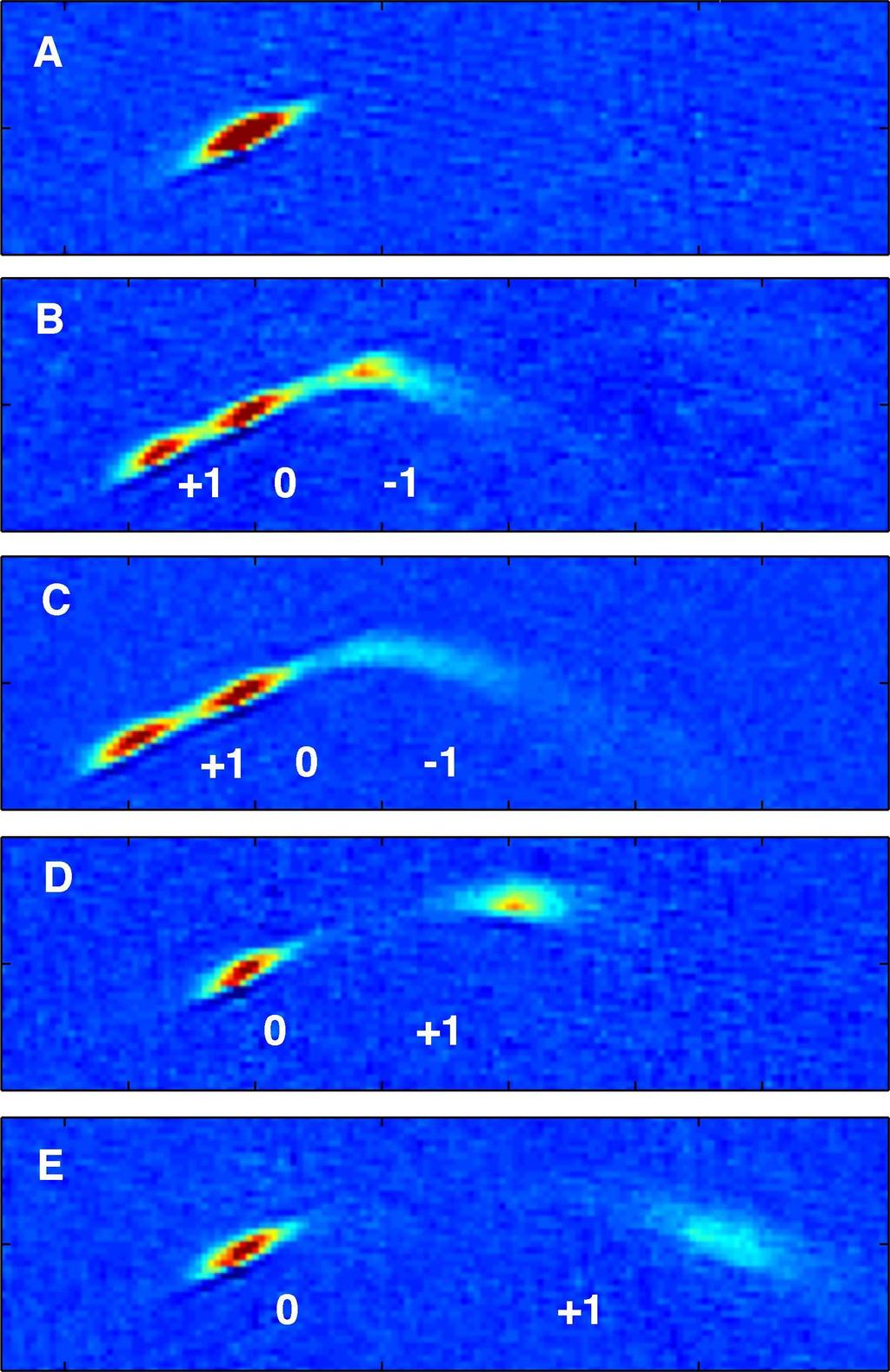 Fig. 3. A typical outcoupling run of the spinor dynamics-driven dual beam atom laser. a) 0 ms: the full condensate, in situ. b)+ 20 ms: immediately after outcoupling.