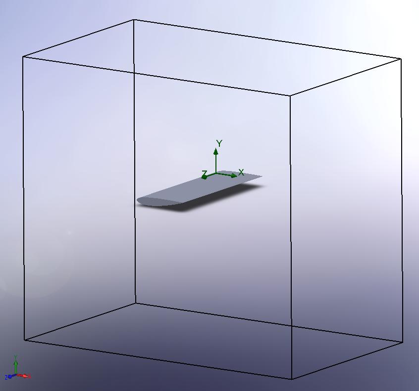 Figure 4.1. Illustration of the 3-D inverted rear wing and the computational domain which represents a wind tunnel. Simulation continued until the convergence criteria were satisfied.