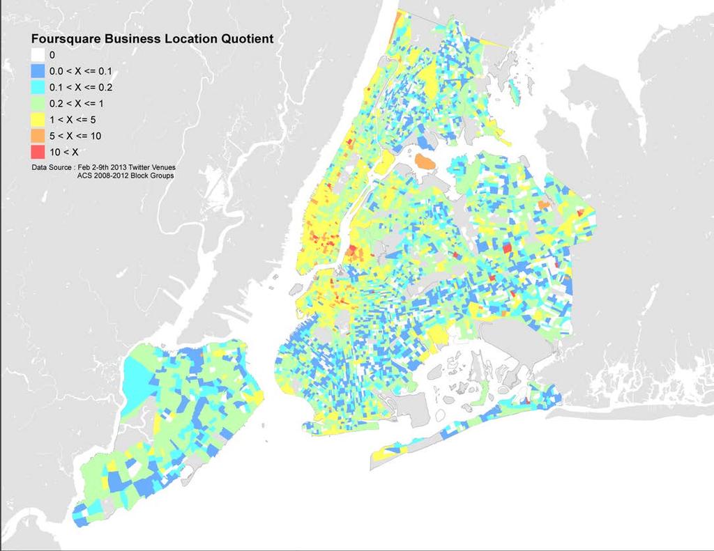 relative intensity of Foursquare check ins - NYC