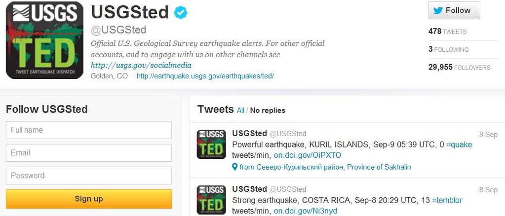 TED: Tweet Earthquake Dispatch Alerts for earthquakes worldwide with M 5.5+.