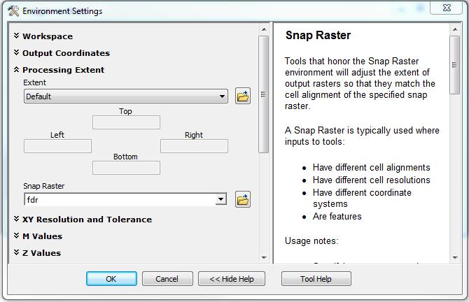 Environment Settings menu, and choose fdr from the Snap Raster pulldown list, like this: It is important to set the snap raster so that the output raster cells align with the flow direction and other