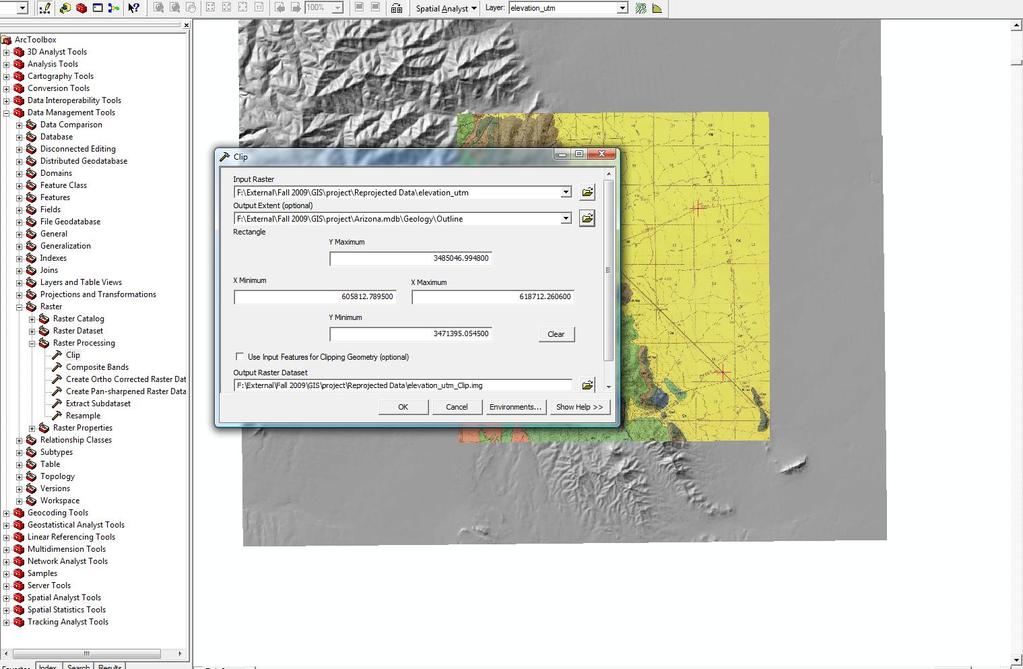 For the rest of the map area, 1 arc-second elevation data were clipped to Outline from geodatabase using clip tool in ArcToolbox