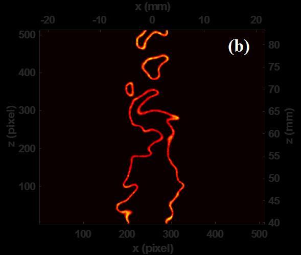 SLPM, respectively. These flow rates resulted in an equivalence ratio of 1.05 and a Reynolds number of 7,385. Figure 2.5. Panel (a) (c) Instantaneous CH PLIF images for Flame B1 at several heights.