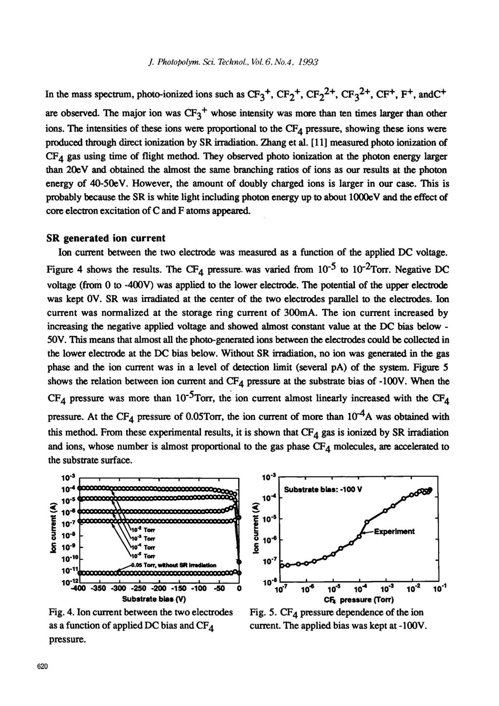 J. Photopolym. Sci. Technol., Vol. 6, No.4, 1993 In the mass spectrum, photo-ionized ions such as CF3+, CF2+, CF22+, CF32+, CF+, F+, andc+ are observed.
