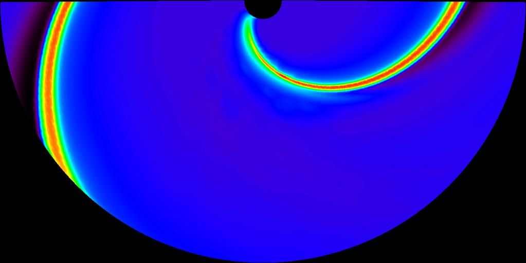 Figure 4: Hydrodynamic simulation (using the Zeus code) of a 2D stellar wind with co-rotating interaction regions.