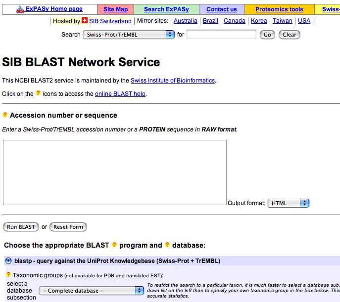 Database Searches: Blastp choose style of output type of alignment Check to format for PSI-Blast Other Database Search Sites The Blast family: Blastn DNA-DNA Blastp Protein-Protein Blastx DNA-Protein