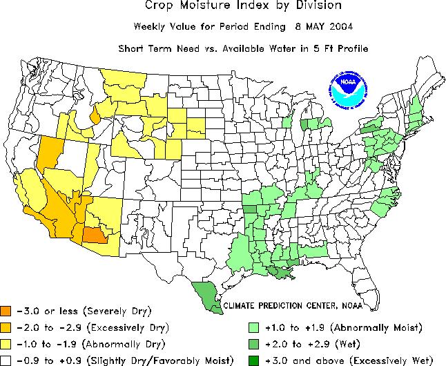 U. S. MOISTURE: The estimated subsoil moisture available to crops at planting time was estimated to be near normal in most of the Corn Belt with some areas considered to be too wet (Figure 3).