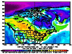 The 30-day temperature departure form normal for North America and surroundings. Note the cold air locked in the polar regions with departures from normal more than 8 C (14 F).