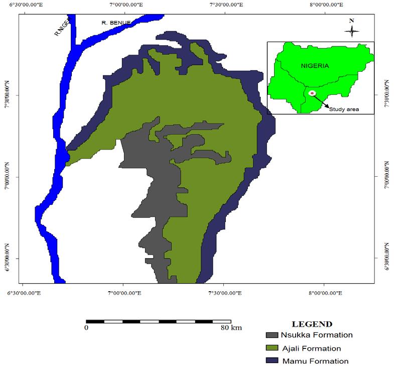 Fig. 1: Geological map of Anambra Basin showing location of study (Obianuju, 2005) Insert: Map of Nigeria showing the study area Table 1: Stratigraphy of Southern Benue trough (Obaje, 2009) Age