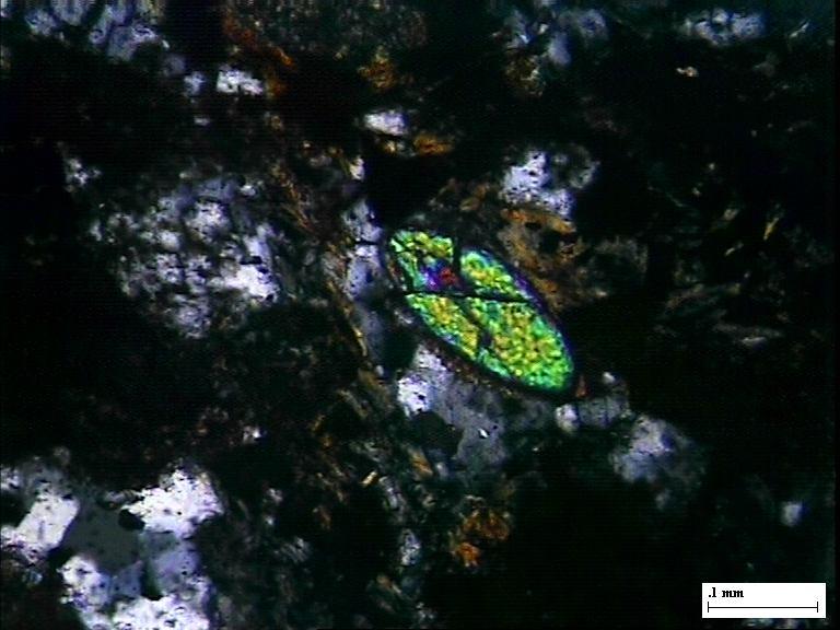 Detrital fractured zircon grain in QPC matrix, Birtola area, Orissa. TL, air, 2N. Fig.6.4(15).
