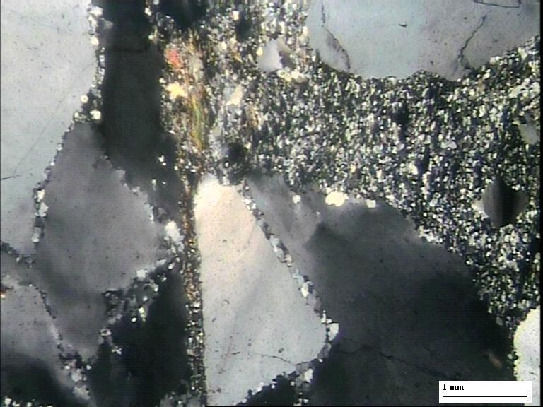 Biotite (Biot) and sericite (Seri) flakes and secondary quartz (Sec.