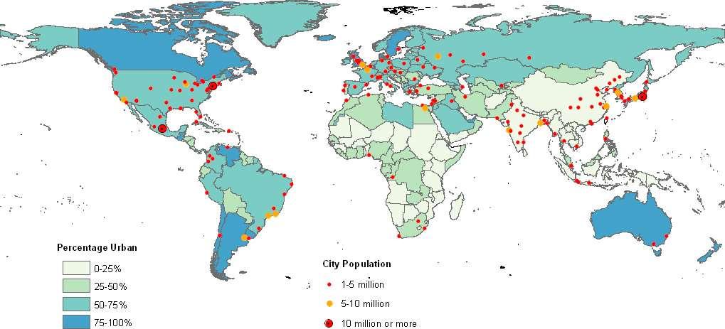 Changes in Location Urban Agglomerations, 2025 (proportion urban of the world: 56.