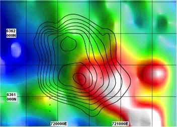 Standout gravity anomaly adjacent to magnetic zone - High amplitude (6MGal) gravity anomaly within Roopena fault zone - Gravity magnetic association typical of IOCG - Directly