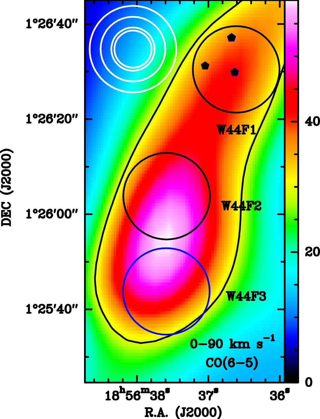 Non-stationary magneto-hydrodynamical shocks in W44 Figure 2: Central Panel: Positions of our analysis in W44E (W44E1: black circle, W44E2: blue circle) on the velocity-integrated CO (6 5) emission