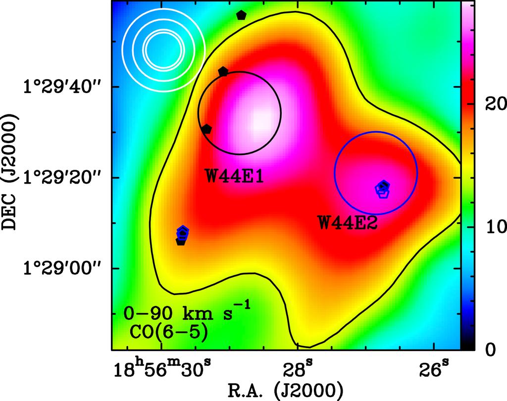 The blue and black circles indicate the APEX beam size of our observations in CO (3 2).