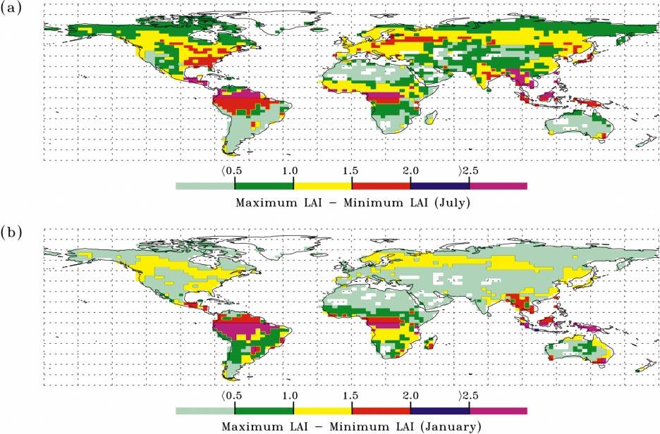 3544 JOURNAL OF CLIMATE FIG. 5. Spatial pattern of the difference between maximum and minimum satellite LAI fields for (a) Jul and (b) Jan.