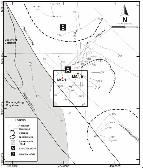 Siega, et al. Figure 2: Map of the Mahanagdong Geothermal Field indicating the production wells in the SW section of the field (within the unshaded square) with calcite saturated fluids.