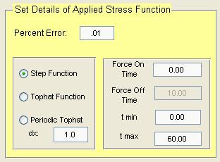 Figure 4.11: Close up of Set Details of Applied Stress Function box in make data.fig. stress is turned off), and tmin and tmax (the graphing domain). In the bottom right box labeled Options (Figure 4.
