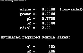 Example What would happe if you chage power to 90%? sampsi.77.58, alpha (.05 power (.