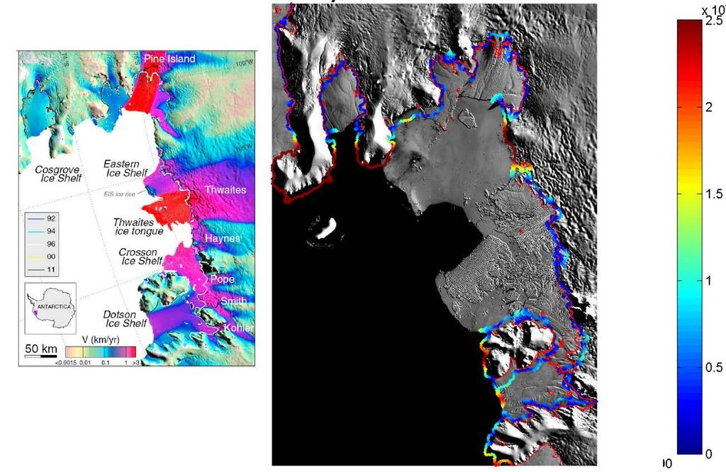 CryoSat: Ice Sheet Grounding lines CS2 GLL colour scaled by distance to