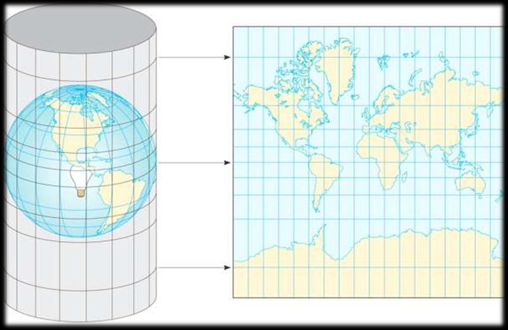 Cylindrical Projections created by mathematically wrapping a globe in a cylinder in order to produce a rectangular surface