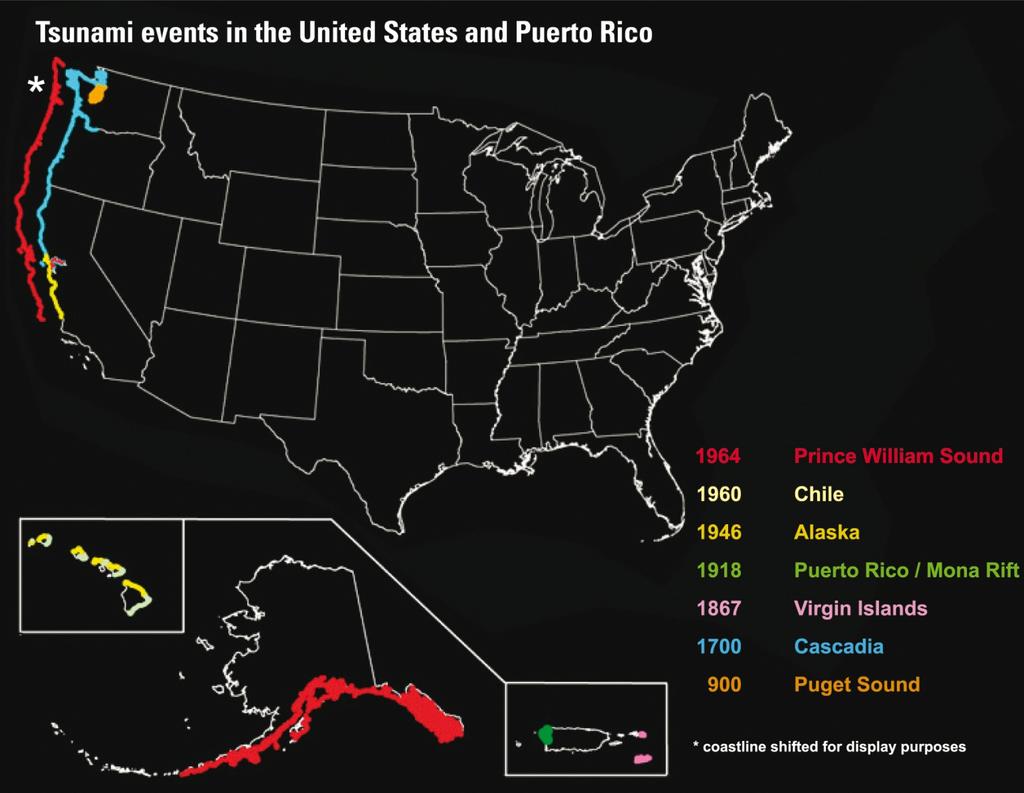 This map shows seven earthquake-generated tsunami events in the United States from the years 900 to 1964.