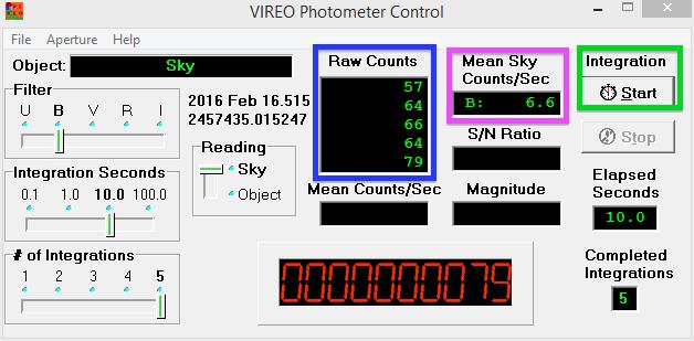 4 PHOTOMETRY OF THE PLEIADES slider to 10.0 (See Figure 5 - Green); Integrations means how long the Photometer will take a measurement.