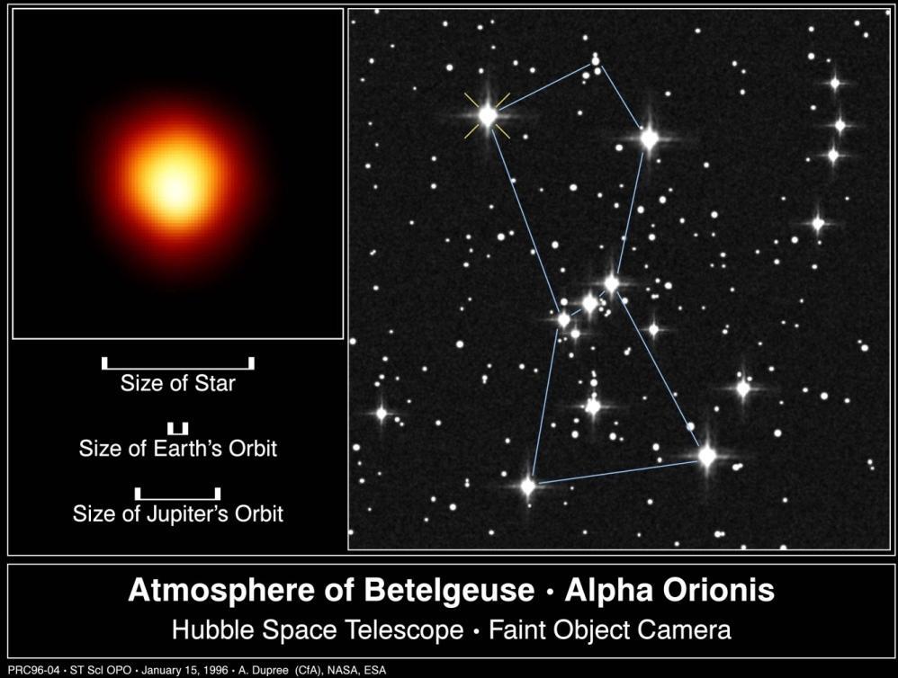 Stellar Radii One example in which it is possible to use geometry to determine the radius is the star Betelgeuse in the Orion constellation The star is a red giant located about 640 ly from Earth
