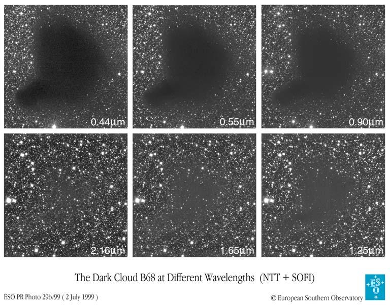 The Well-Studied Dark Cloud B68 Stars gradually appear as the observing band changes from B to K due to the decreasing absorption efficiency of small dust particles with