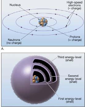 ) - Electrons (- charge) orbit the