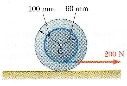 Sample Problem 16.9 A cord is wrapped around the inner hub of a wheel and pulled horizontally with a force of 200 N.