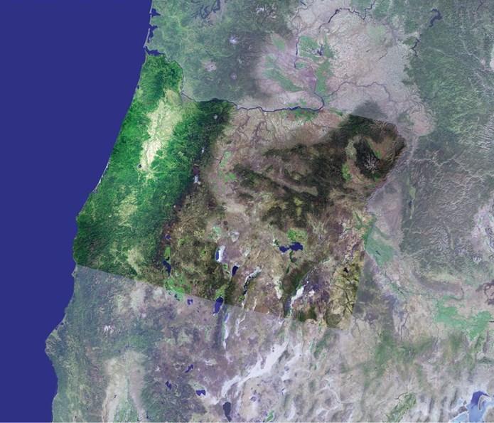 Rain Shadows True-color satellite image of Oregon shows the rain shadow