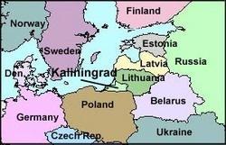 Exclave: small portion of land that is separated from the main state, ie. Kaliningrad/Russia.