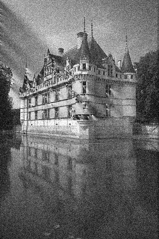 (a) Close in on the image Castle from the BSDS testing dataset, (b) a noisy version degraded by additive white Gaussian noise
