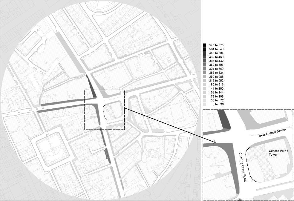 highest level of movement per available width is shown on the tiny pavement that borders the 'Swimming Pool' on the Eastern side of Charing Cross road underneath Centre Point (pictured in Figure 4 ).