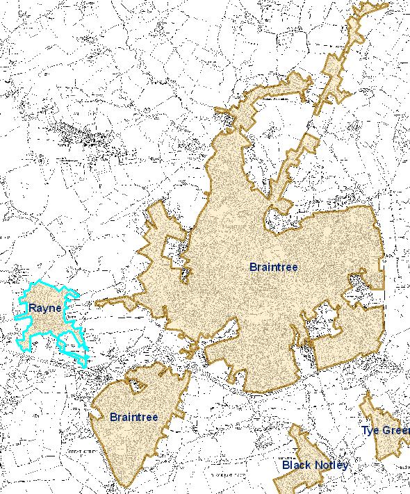 Figure 5a: 2001 Braintree and Rayne urban areas, Figure 5b: 2011 Braintree BUA (highlighted in light blue) and its BUASDs (labelled), including Rayne Ordnance Survey Crown Copyright.